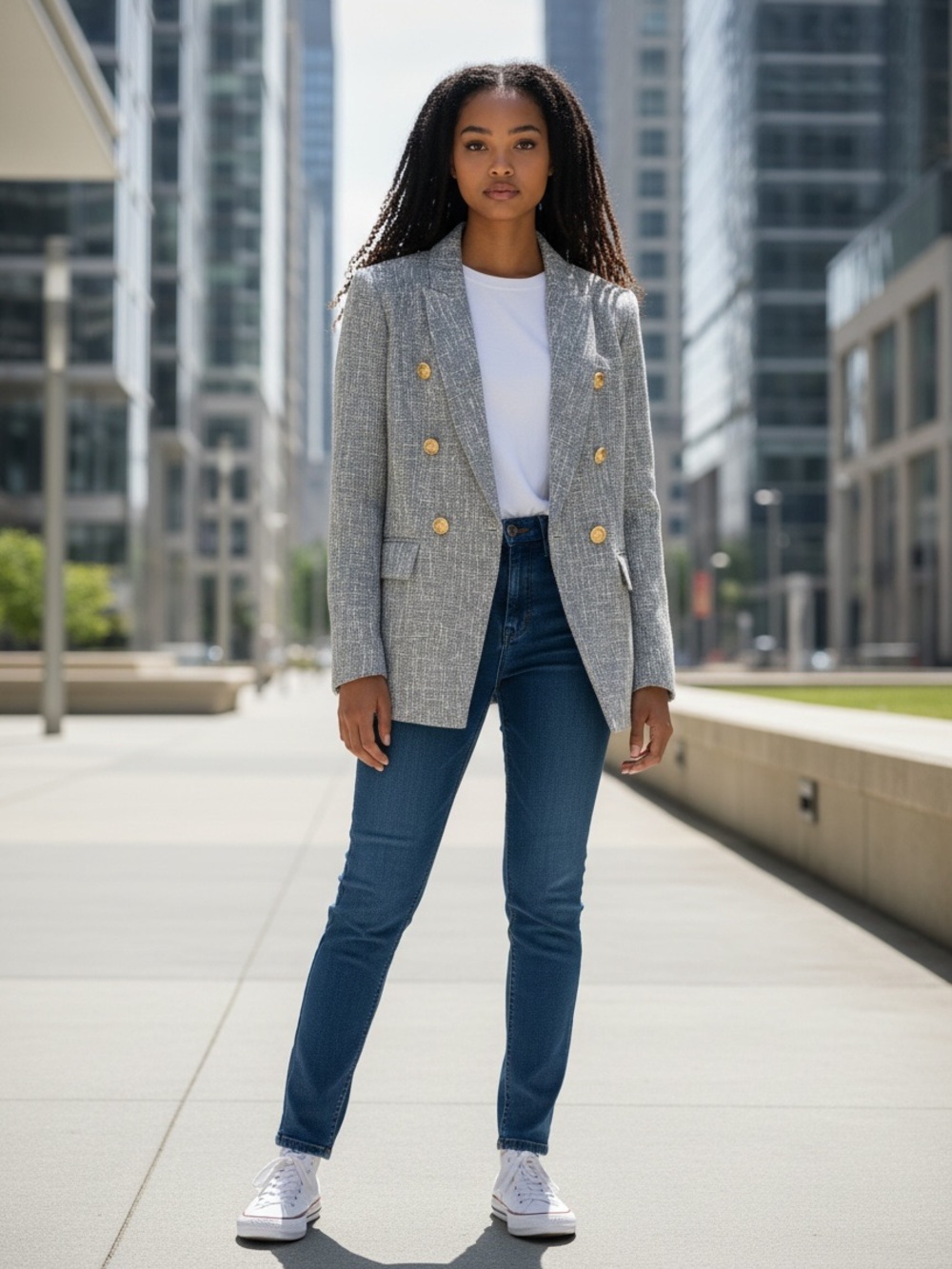 Blue-Gray Tweed Military Style Blazer Gold Button Double Breasted Size Small
